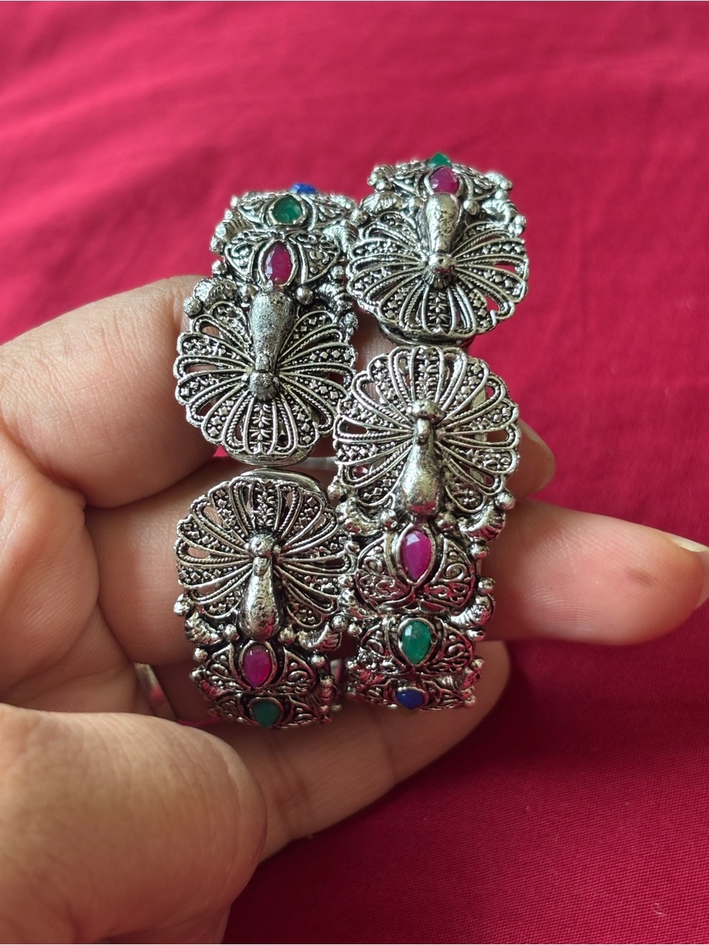 Oxidized Silver Peacock Bangles Pair Multicolor Navratri